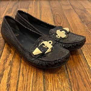 STUART WEITZMAN Crocodile Print Patent Leather Gold Mary Jane Buckle Flats